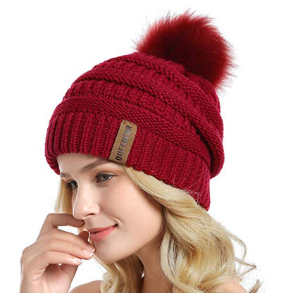 Women Knit Slouchy Beanie Chunky Baggy Hat with Faux Fur Pompom Winter Soft Warm Ski Cap - color: E2-red
