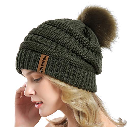 Women Knit Slouchy Beanie Chunky Baggy Hat with Faux Fur Pompom Winter Soft Warm Ski Cap - color: B5-dark Olive