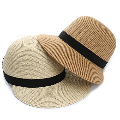 Summer Visor Hats for Women Foldable Floppy Solid Color Straw Sun Hat Travel Beach Baseball Cap - color: Khaki