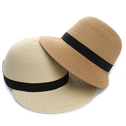 Summer Visor Hats for Women Foldable Floppy Solid Color Straw Sun Hat Travel Beach Baseball Cap - color: Khaki