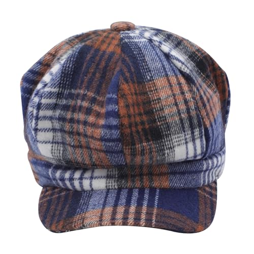 ZLYC Women Classic Newsboy Cap Visor 8 Panel Gatsby Cabbie Paperboy Hat - color: Plaid Royal Blue and Khaki