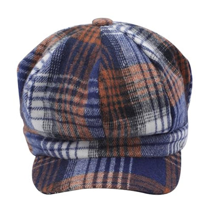 ZLYC Women Classic Newsboy Cap Visor 8 Panel Gatsby Cabbie Paperboy Hat - color: Plaid Royal Blue and Khaki