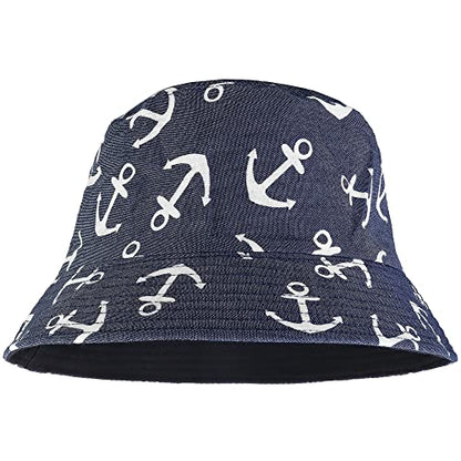 Falari Reversible Bucket Hat for Men Women Summer Travel Beach Outdoor Fishing Hat 100% Cotton - color: J615-navy-anchor