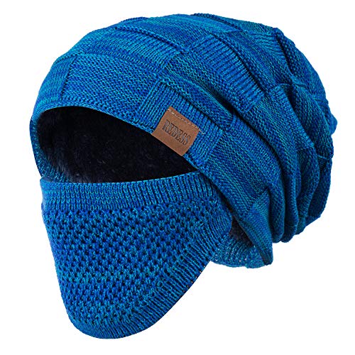 REDESS Beanie Hat for Men and Women Winter Warm Hats Knit Slouchy Thick Skull Cap with Face Cover - color: D5 Blue