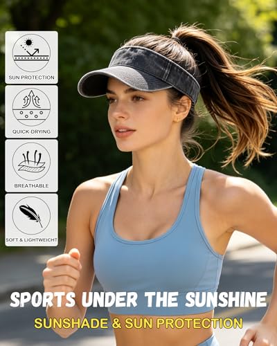 IYEBRAO 3 Pack Sun Visor Hat Sport Vintage Washed Adjustable Cotton Empty Top Ball Caps for Golf Running Tennis for Women&Men - color: Black+navy Blue+gray