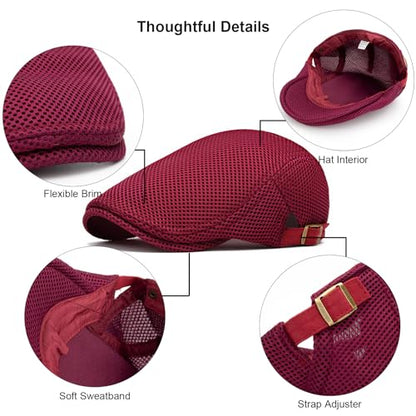 Mens Mesh Cap Flat Ivy Gatsby Newsboy Beret Driving Hat Adjustable Breathable Summer Hats - color: Wine
