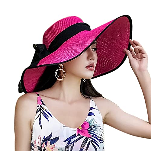 FSIGOM Women's Folable Floppy Hat,Wide Brim Sun Protection Straw Hat, Summer UV Protection Beach Cap - color: C1-e-rose Red, size: Medium
