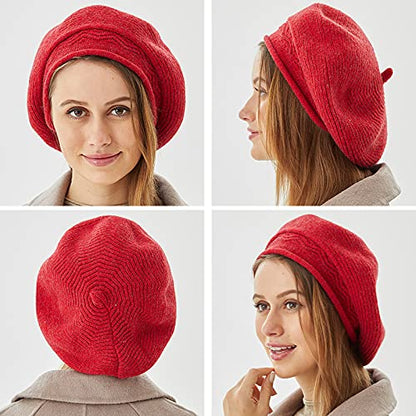 FENELY Beret Hat for Women, French Style Beanie Winter Fashion Warm Thickened Lining Knit Cap - color: Red