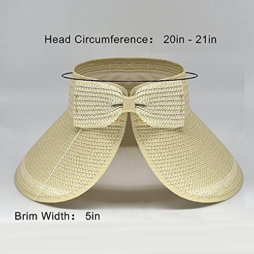 Women Sun Visors Foldable Straw Hats Summer Beach Packable Hat Floppy Wide Brim Cap Deep Style, Adjustable Size - color: Beige New