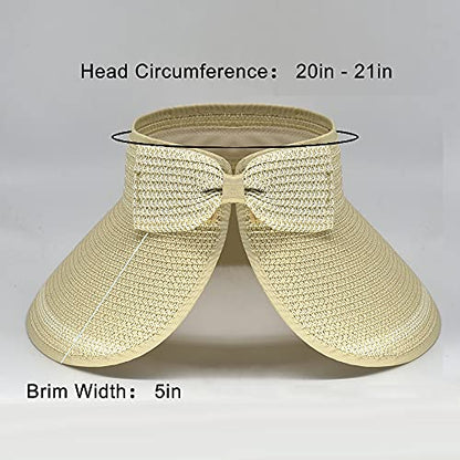 Women Sun Visors Foldable Straw Hats Summer Beach Packable Hat Floppy Wide Brim Cap Deep Style, Adjustable Size - color: Beige New