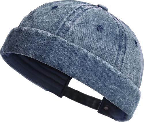 XYIYI Washed Cotton Brimless Hats for Men Vintage Docker Beanie Cap Rolled Cuff Skullcap - color: Navy