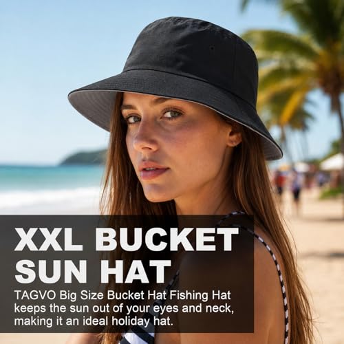Oversize XXL Bucket Hat, Reversible Cotton Fisherman Hats, Unisex Double Side Wear Bucket Sun Hats with Chin Strap - color: Black-dark Grey, size: Large