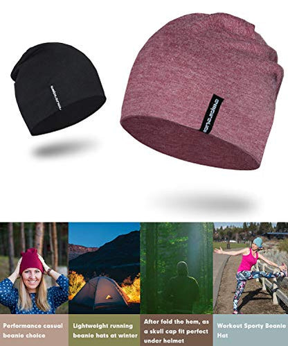EMPIRELION Mens Running Beanie Hat, 9" Lightweight Helmet Liner Skull Cap - color: Ruby Wine Mel. + Black
