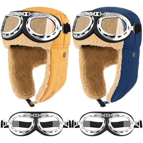 JaGely 4 Pcs Pilot Hat and Goggles Flight Costume Accessories Pilot Helmet Cap with Ear Flaps Hat Adults Winter - color: Blue and Wheat, style: Classic