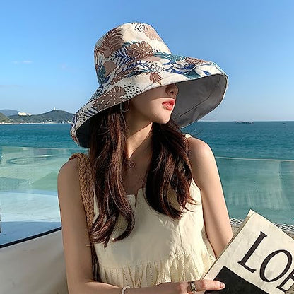 HUAMULAN Women Summer Vacation Wide Brim Sun Hat Reversible Fishing Hats - color: Blue