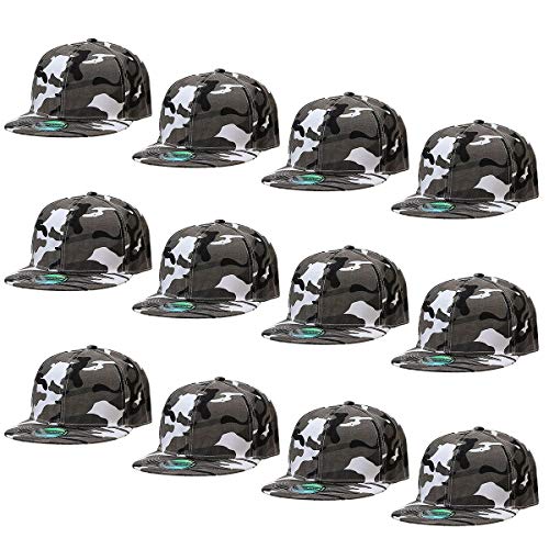 Falari Wholesale 12 Pack Snapback Hat Cap Hip Hop Style Flat Bill Blank Solid Color Adjustable Size - color: 12-pack Gray Camouflage