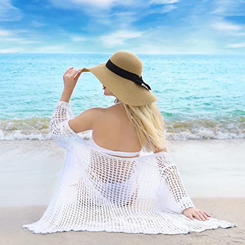 Beach Hats for Women, UPF 50+ Packable Floppy Lace Trim Sun Hat - color: Beige