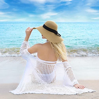 Beach Hats for Women, UPF 50+ Packable Floppy Lace Trim Sun Hat - color: Beige