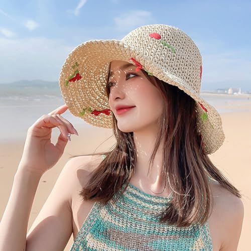 Women Floppy Straw Sun Hat Wide Brim Floral Beach Hat Packable Roll up Bucket Cap UPF 50+ - color: Cherry Beige