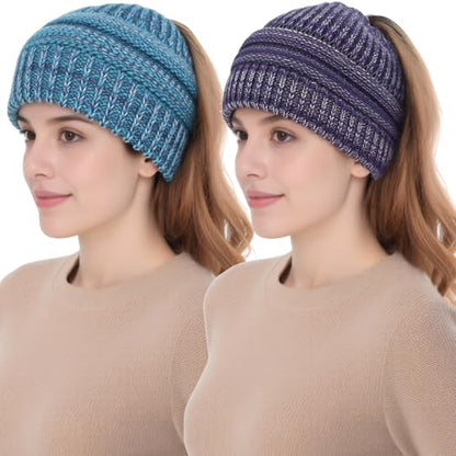 Women Ponytail Beanie 2-Pack, Thick Thermal Soft Acrylic Winter Skull Cap - color: B & E