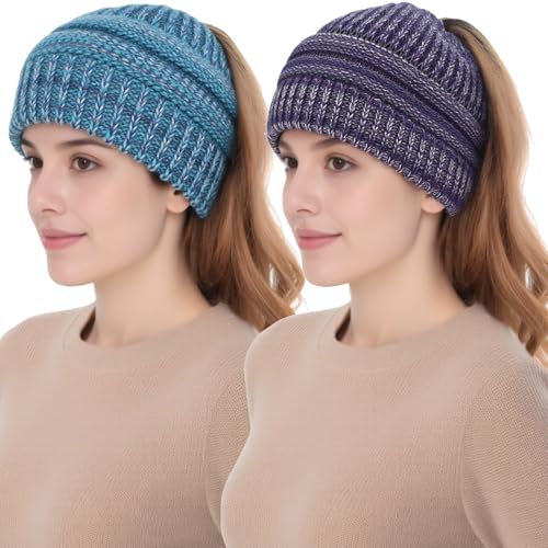 Women Ponytail Beanie 2-Pack, Thick Thermal Soft Acrylic Winter Skull Cap - color: B & E