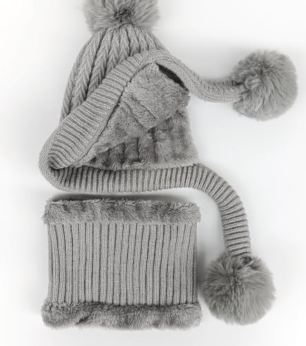 HUAMULAN Women Winter Knit Beanie Hat Circle Scarf Set Pompoms Ear Flaps - color: Gray Solid