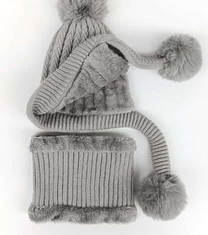 HUAMULAN Women Winter Knit Beanie Hat Circle Scarf Set Pompoms Ear Flaps - color: Gray Solid