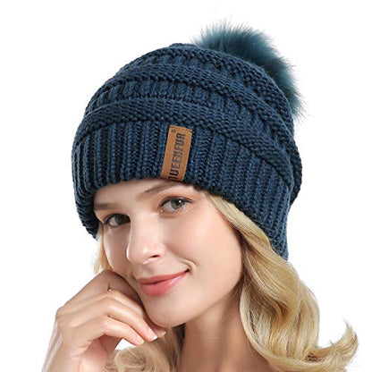 Women Knit Slouchy Beanie Chunky Baggy Hat with Faux Fur Pompom Winter Soft Warm Ski Cap - color: D9-dark Teal