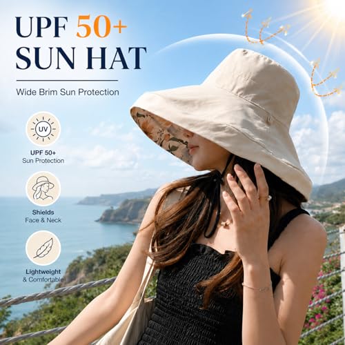 HUAMULAN Wide Brim Women Summer Sun Floppy Hat Reversible Beach Bucket Hat - color: M2320-beige