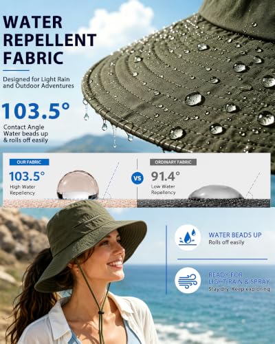 Womens Ponytail Sun Hat UPF50+ Waterproof Bucket Hat Packable Beach Hat - color: Army Green