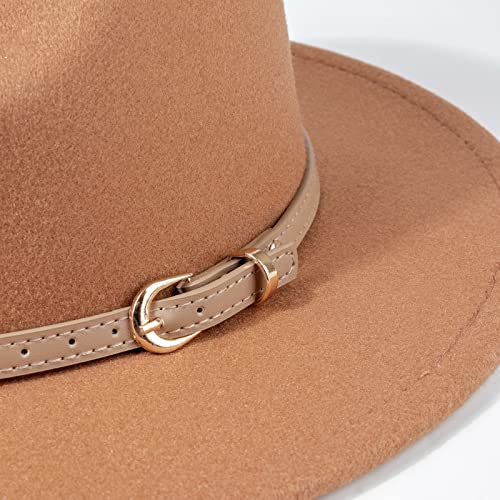 DRESHOW Women Classic Felt Fedora Wide Brim Floppy with Belt Buckle Panama Hat - color: Khaki (Khaki Belt)