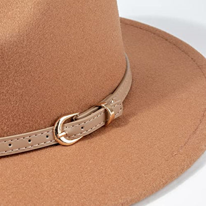 DRESHOW Women Classic Felt Fedora Wide Brim Floppy with Belt Buckle Panama Hat - color: Khaki (Khaki Belt)