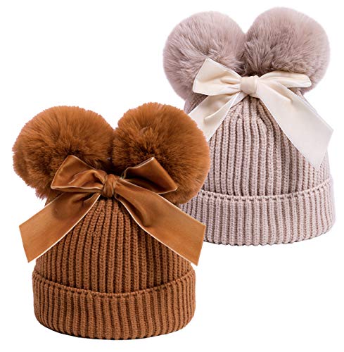 YATEEN Infant Toddler Baby Knitting Woolen Hat Winter Warm Double Pompom Beanie Cap with Bow - color: 2 Pack Deep Yellow / Beige