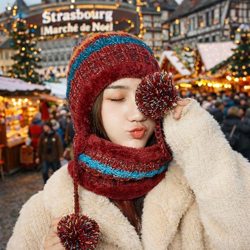 HUAMULAN Women Winter Knit Beanie Hat Circle Scarf Set Pompoms Ear Flaps - color: Red