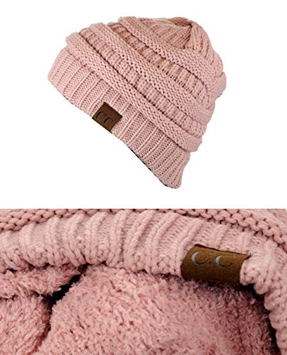 C.C Unisex Chunky Soft Stretch Cable Knit Warm Fuzzy Lined Skully Beanie - color: Rose