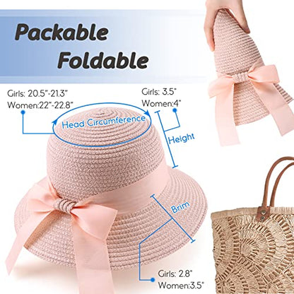 Zsedrut Women,Little Girls Straw Sun Hat Summer Beach Cap Foldable Visor Floppy Hats Wide Brim with Bowknot - color: Pinkbow2, size: One Size