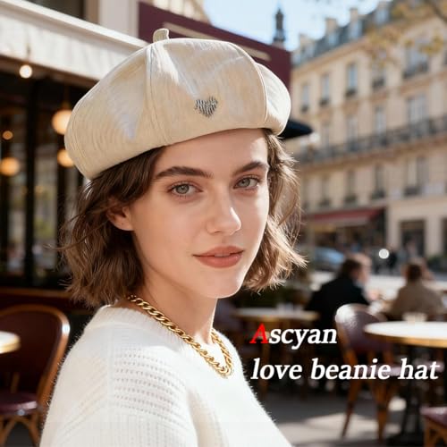 Women's Chenille Beret - Soft & Warm French Hat with Metal Heart Accent for Fall/Winter. - color: Beige