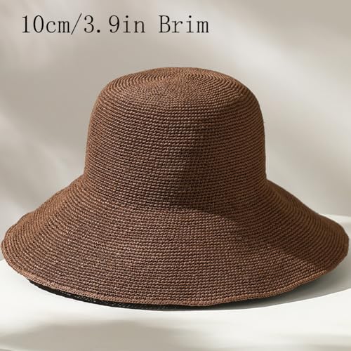 Women Straw Sun Hat Summer Beach Hats Foldable Floppy Cap Wide Brim Bucket Hat Solid Handmade Sun Protection Caps - color: Coffee