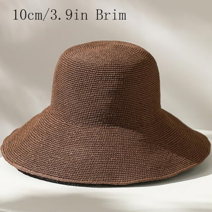 Women Straw Sun Hat Summer Beach Hats Foldable Floppy Cap Wide Brim Bucket Hat Solid Handmade Sun Protection Caps - color: Coffee