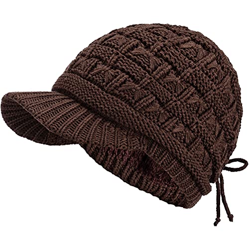 BYOS Womens Winter Chic Cable Warm Fleece Lined Crochet Knit Hat W/Visor Newsboy Cabbie Cap - color: Basket Woven-dark Brown