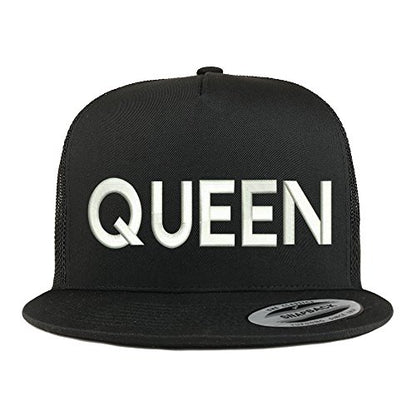 Trendy Apparel Shop Queen Embroidered 5 Panel Flat Bill Trucker Mesh Back Cap - color: Black