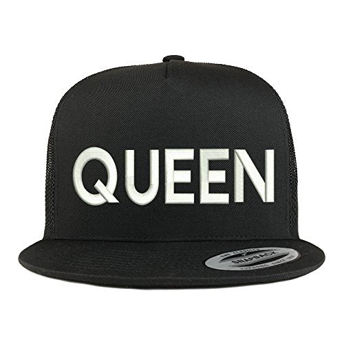Trendy Apparel Shop Queen Embroidered 5 Panel Flat Bill Trucker Mesh Back Cap - color: Black