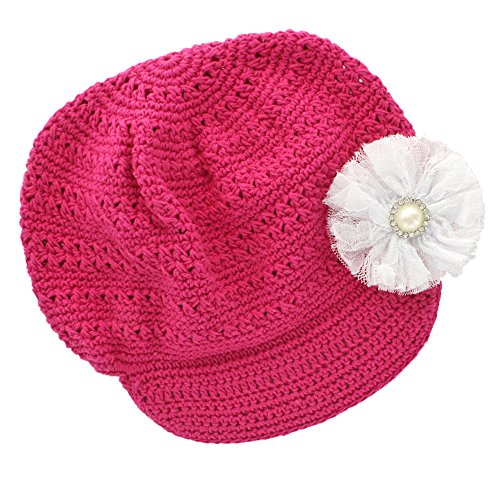 My Lello Little Girl's Newsboy Crochet Beanie Hat with Vintage Lace/Tulle Flower - color: Hot Pink/White, size: One Size