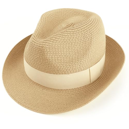 AQOKKA Summer Straw Fedora Hat for Women Men Travel Panama Hat with Wide Brim Roll Up Sun Hat for Beach Outdoor UPF 50+ - color: Beige & Beige