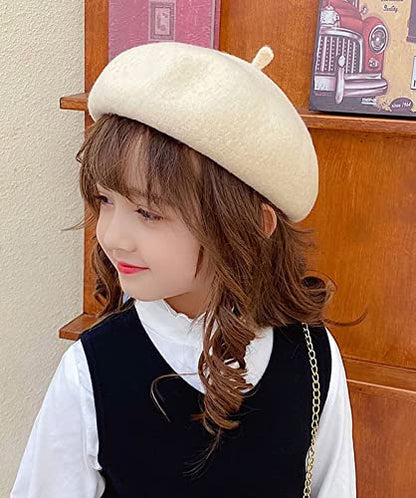 Kids Girls French Beret Hat Artist Hat Solid Warm Beanie Cap Winter Autumn - color: Off-white