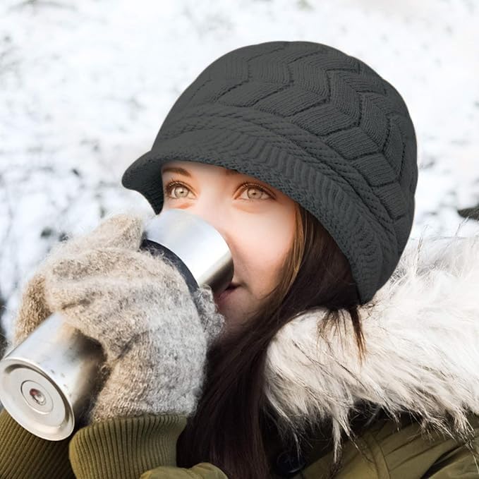 Loritta Womens Winter Beanie Hats, Thick Warm Beanie with Visor Brim - color: Dark Grey
