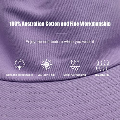 Bucket Hat for Women Men, Reversible Cotton Summer Sun Beach Cap Solid Color Style - color: A-lavender