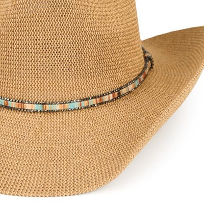 C.C Knitted Cowboy Hat for Women Lightweight Woven Western Hat with Multicolor Trim Band, Wide Brim Summer Sun Hat - color: Black