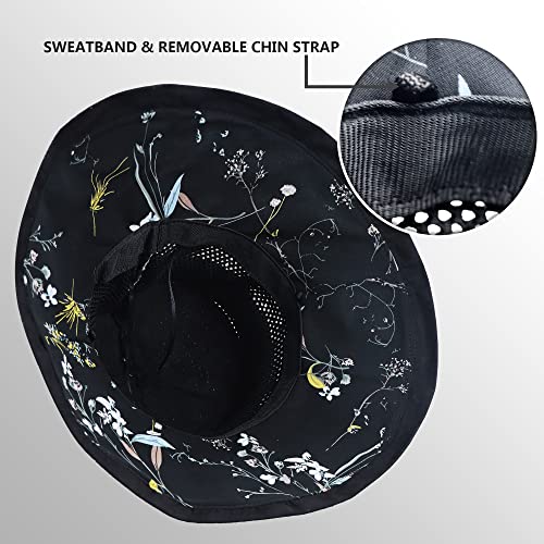 Summer Mesh Sun Hats for Women UV Protection Wide Brim Packable Bucket Hat - color: Black