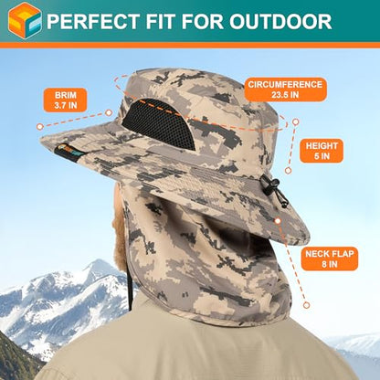 SUN CUBE Wide Brim Sun Hat for Men & Women, UPF 50+ UV Protection, Mesh Boonie Hat with Chin Strap, Fishing Hiking Hat - color: Camo Grey With Flap